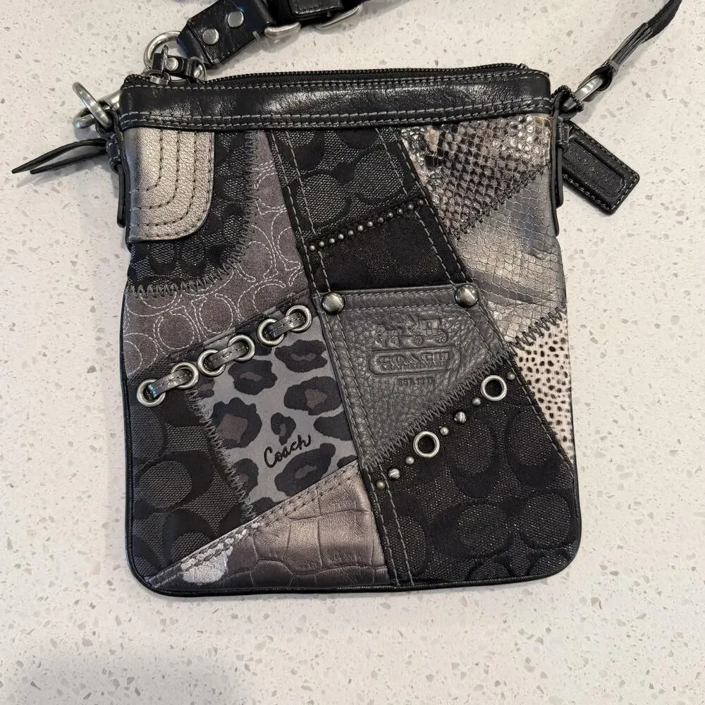 Vtg Coach Patchwork Crossbody Bag Small Black Leopard Leather Studded 42070 Y2K